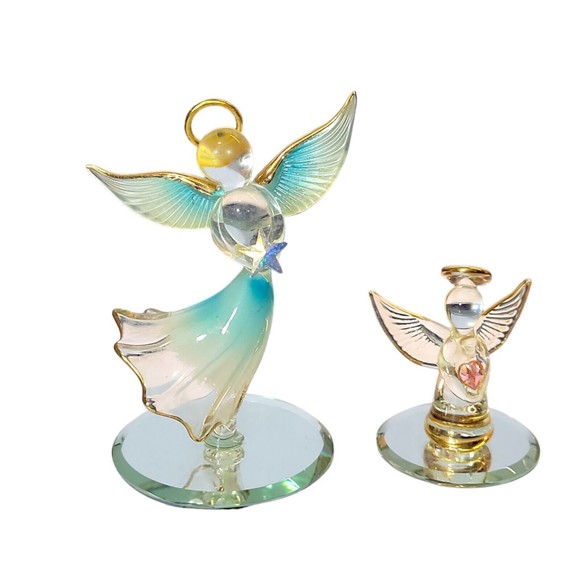 2 Glass House Angel Figurines Mirrored Holding Blue Star and Heart Crystal - Picture 1 of 5